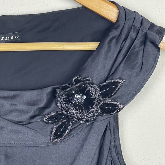 Tessuto Silk‎ Ruffle Neck Sleeveless Top M Whimsigoth Fairy Black Applique - Picture 3 of 6